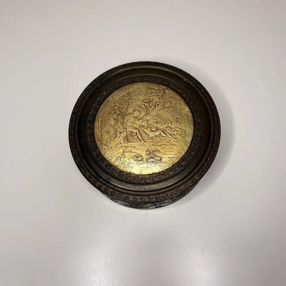Pastoral Scene Gilded Brass Powder Trinket Box Mirrored Glass Insert Vintage